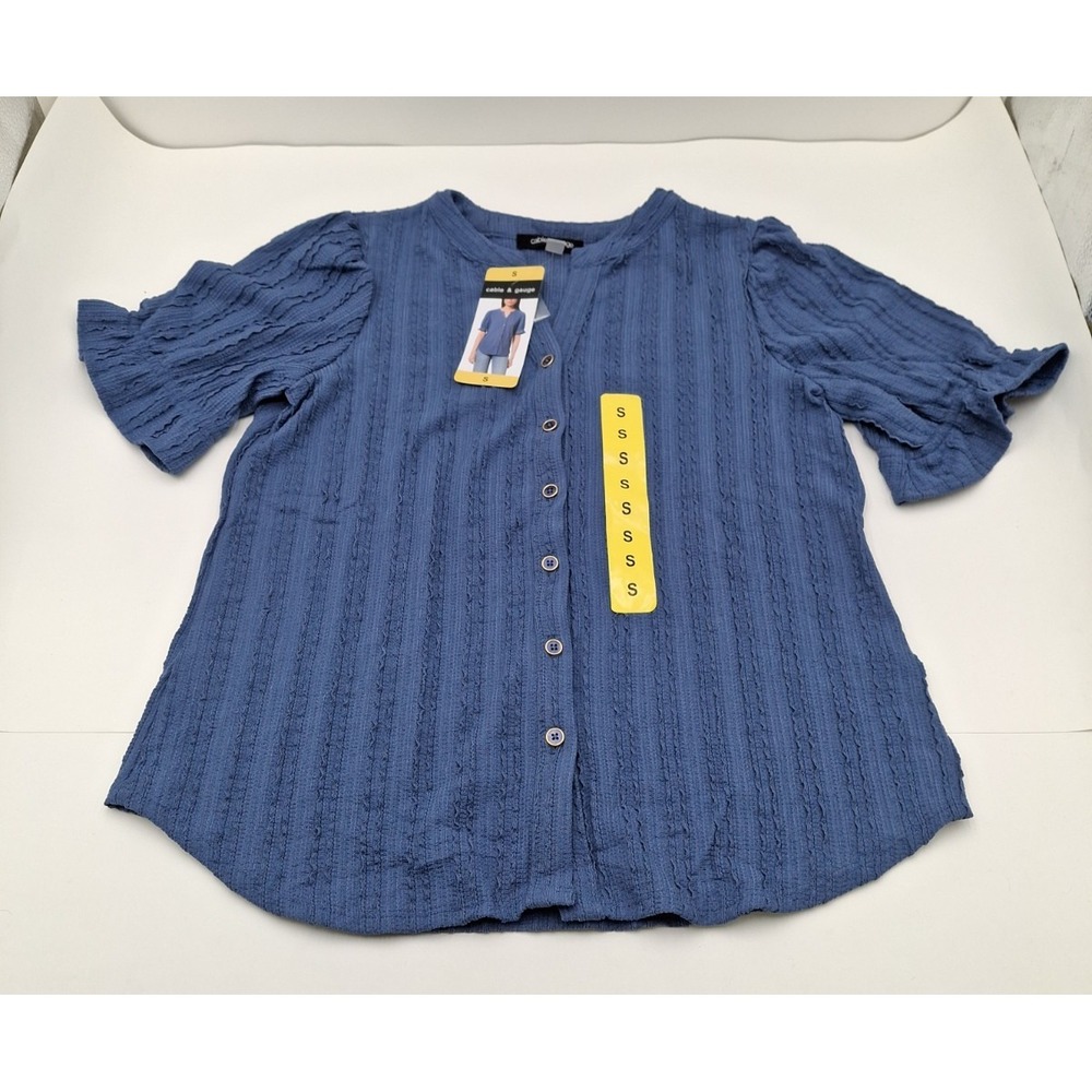 Cable & Gauge Women's Button-Front Short Sleeve Blouse, Vintage Indigo, Small